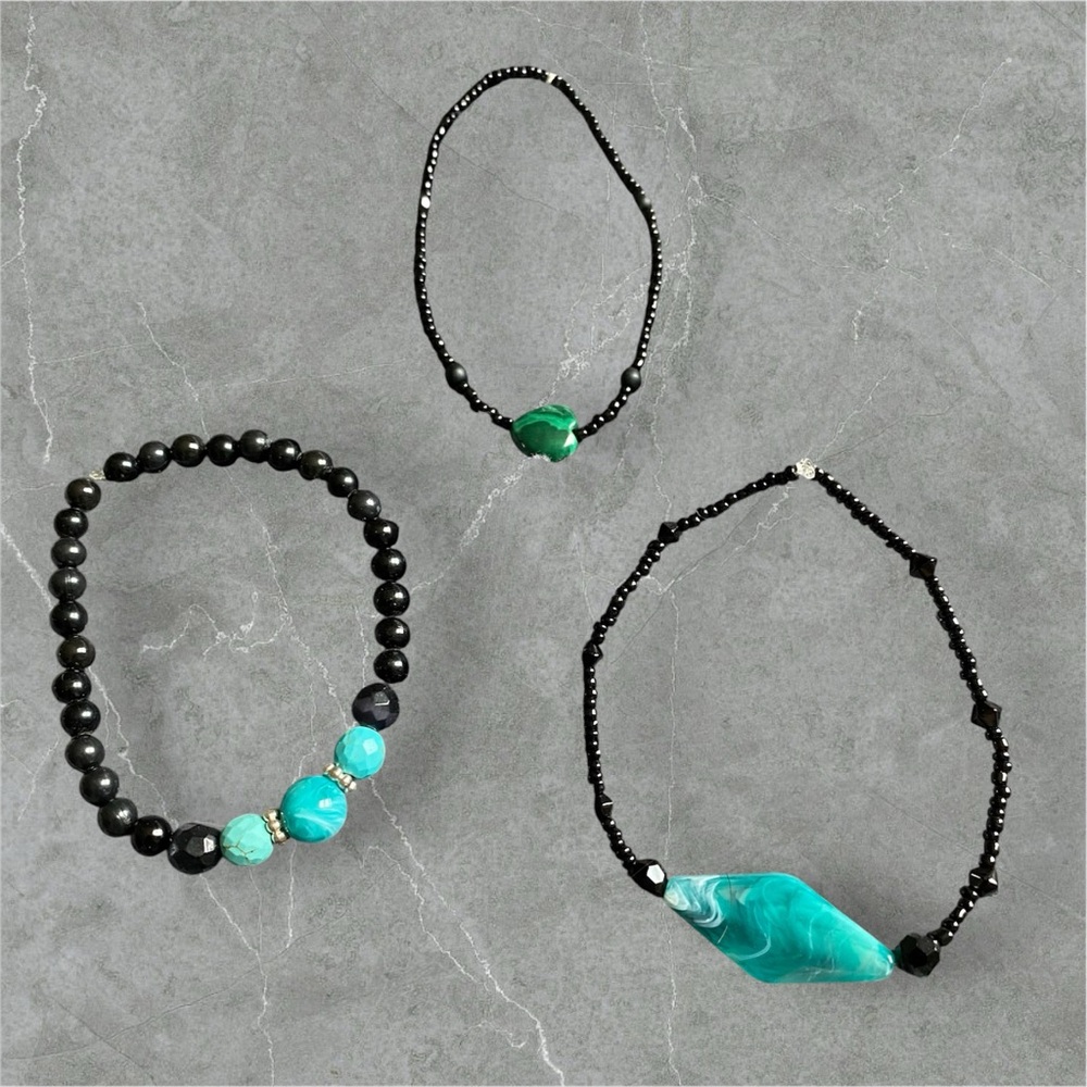 Handmade Black & Turquoise Assorted Beaded Bracelet Bundle of 3